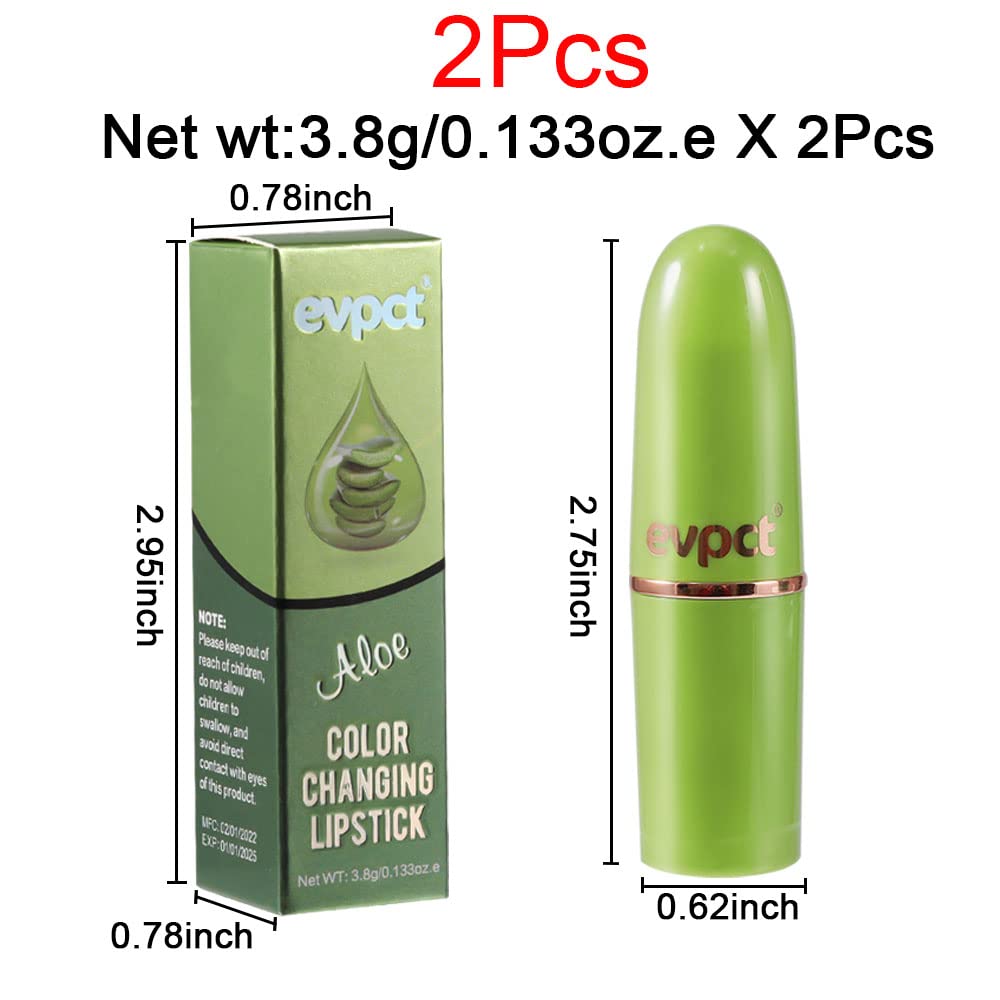 2Pcs Aloe Vera Lip Color Changing Lipstick Lip Balm Set, Green Magic PH Lipstick Color Change Changing Crystal Flower Jelly Lipstick Tinted Lip Balm Gloss Stain Makeup Set for Women Girls Waterproof