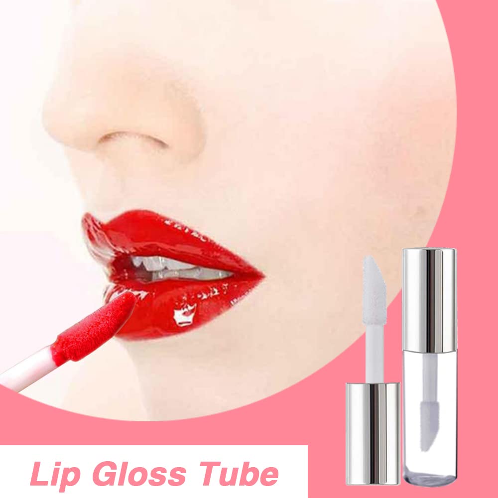 AMORIX 50PCS Mini Lip Gloss Tubes with Wand 1.2ml Empty Lip Gloss Containers Clear Refillable Travel Lip Balm Bottles for Samples with 5ml Syringes DIY Lip Gloss Base + Tag Labels(Silver)