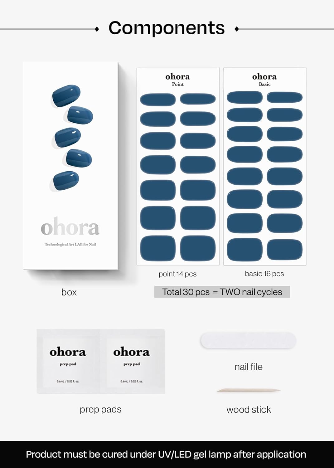 ohora Semi Cured Gel Nail Strips (N Cream Indigo) - Blue, Solid, Works with Any UV/LED Lamps, Salon-Quality, Long Lasting, Easy to Apply & Remove - Includes 2 Prep Pads, Nail File & Wooden Stick