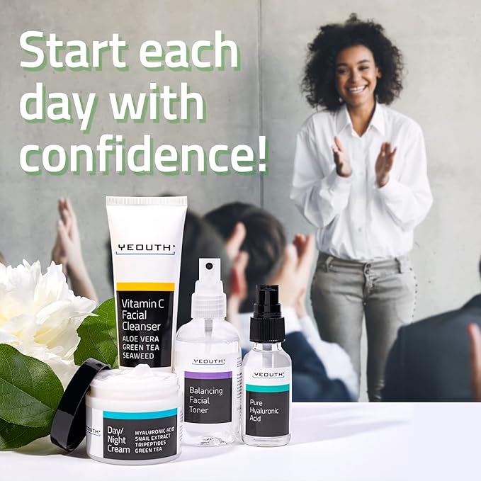 YEOUTH Skin Care Set: Hyaluronic Acid Serum, Vitamin C Cleanser, Toner & Face Cream, Teen Skincare Kit Girls & Boys 4-Piece Beauty Gifts