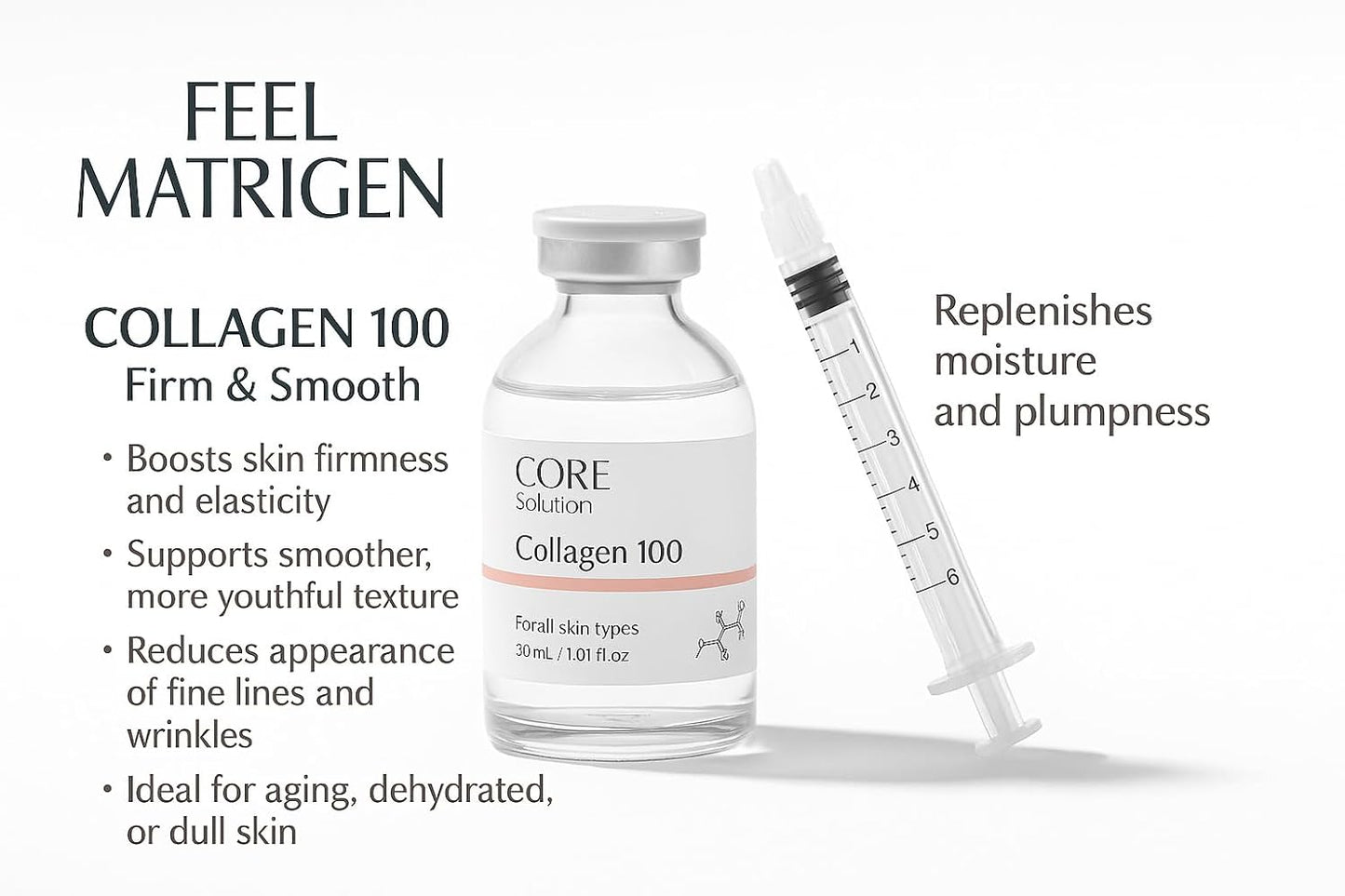 Collagen 100 Ampoule – Skin Elasticity & Anti-Aging Serum for Fine Lines and Wrinkles – 30mL + Needleless Syringe