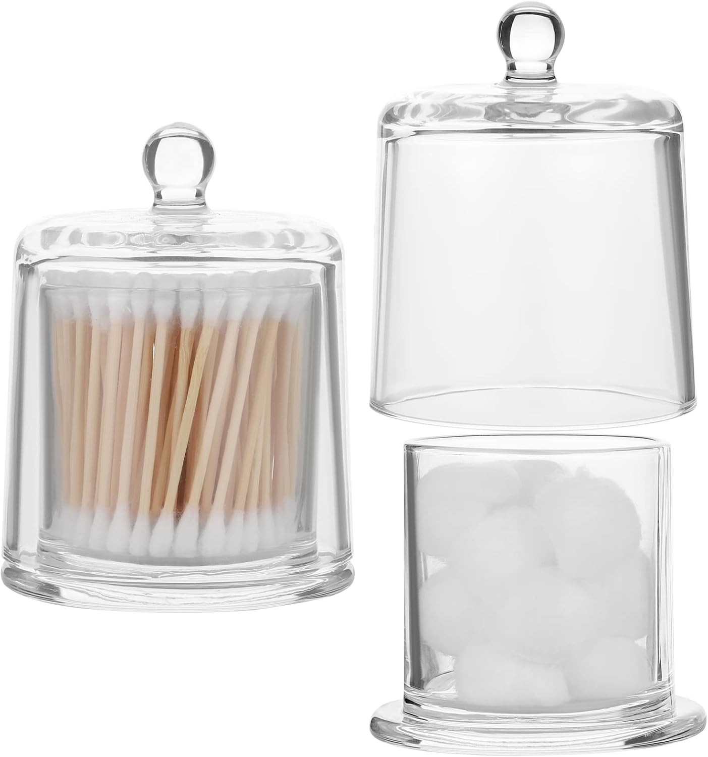 rejomiik Qtip Holder Thick Glass Apothecary Jars with Lid for Bathroom Accessories Vanity Organizers and Makeup Storage for Cotton Ball, Swabs, Candy, Jewelry, Bathroom Decor, 2 Pack Clear