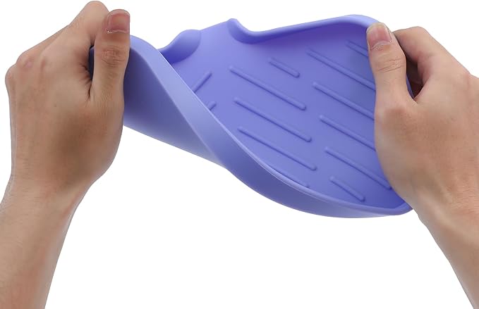 Silicone Bathroom Soap Dishes with Drain Spout-Bathroom and Kitchen Sink Organizer,Sponge Holder,Dish Soap Tray,Perfect for Dispenser,Scrubber,Bottle on Sink or Counter-Light Purple 9.6"×5.3"