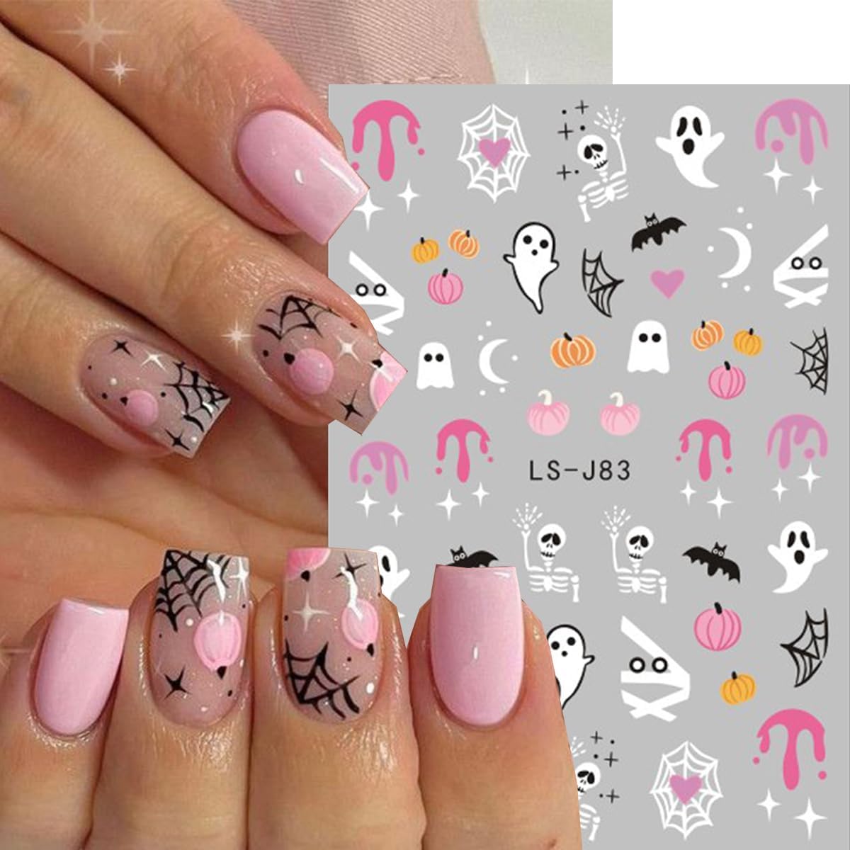 Halloween Nail Sticker Pumpkin Nail Decals Ghost Nail Art Stickers Bat Cat Spider Web Star Orange Pink Design Spooky Nail Stickers for Nail Art Holiday DIY Manicure Supplies for Women 6 Sheets