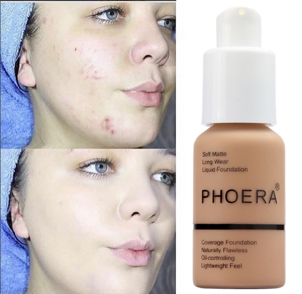2 Pack PHOERA Foundation, Flawless Soft Matte 24HR Oil Control Full Coverage Foundation Makeup for Women.102 Nude-30ml