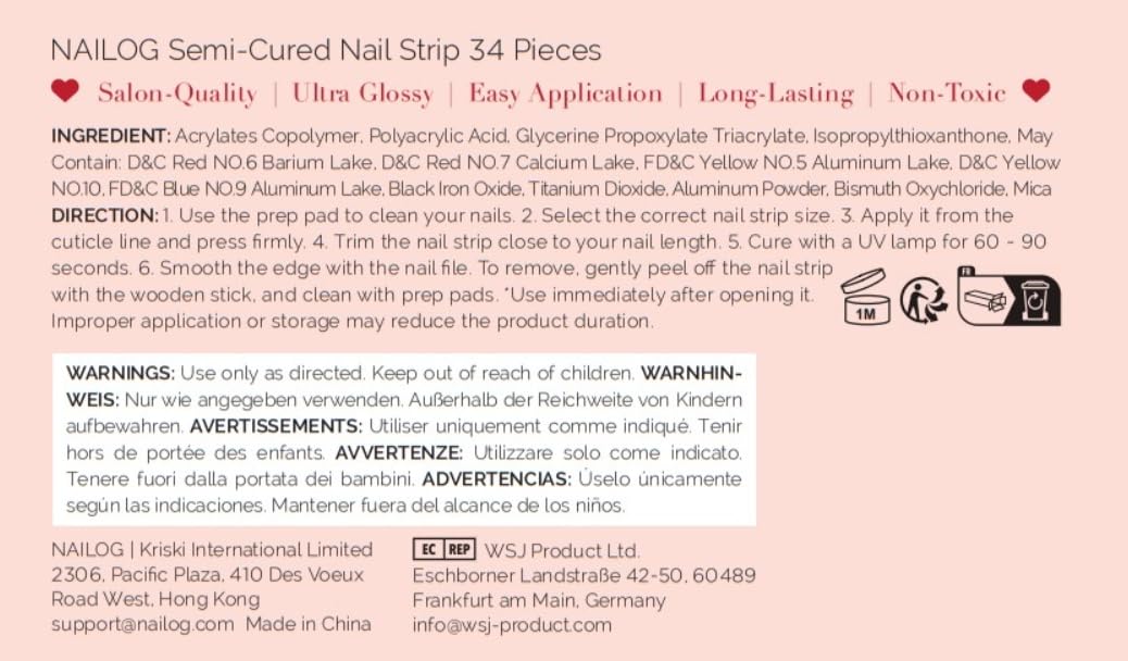 NAILOG Semi Cured Gel Strips, 34 pcs Salon-Quality Stickers, Long Lasting Wraps for Women With Soft Gel Finish (Pink Lane)