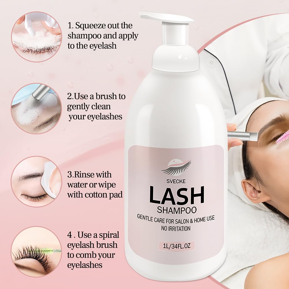 Lash Shampoo 34fl.oz/1L, Eyelash Shampoo for Lash Extension, Eyelash Extension Cleanser, Lash Eyelid Foam Cleaning Kit for Salon Use and Home Use