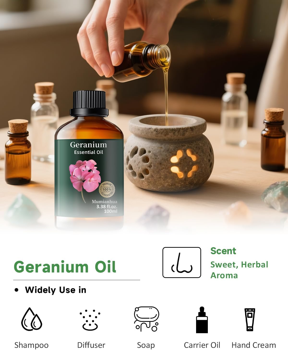 Mumianhua 100% Pure Geranium Essential Oil Natural Geranium Oil for Skin, Diffuser, Massages, DIY, Skin, Hair, Bath, Aromatherapy, Soap Making, Candle Making 3.38 Fl oz