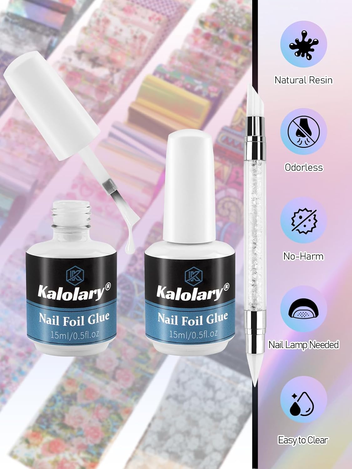 Kalolary 30ML Nail Foil Glue Gel with 80Pcs Foil Transfer Stickers Set, Holographic Nail Art Transfer Stickers DIY Decoration for Salon or Home Use