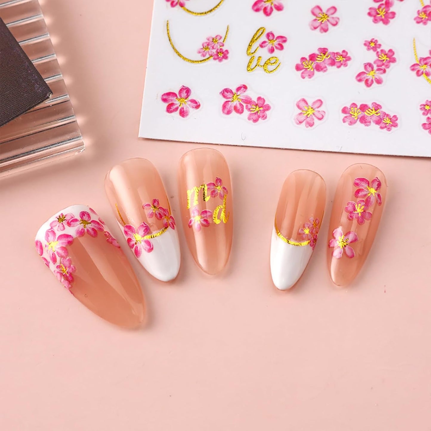 Flower Nail Art Stickers Women Spring Summer Embossed Floral Leaves Holographic Manicure Decals Self Adhesive DIY Decorations Supplies 5 Sheets