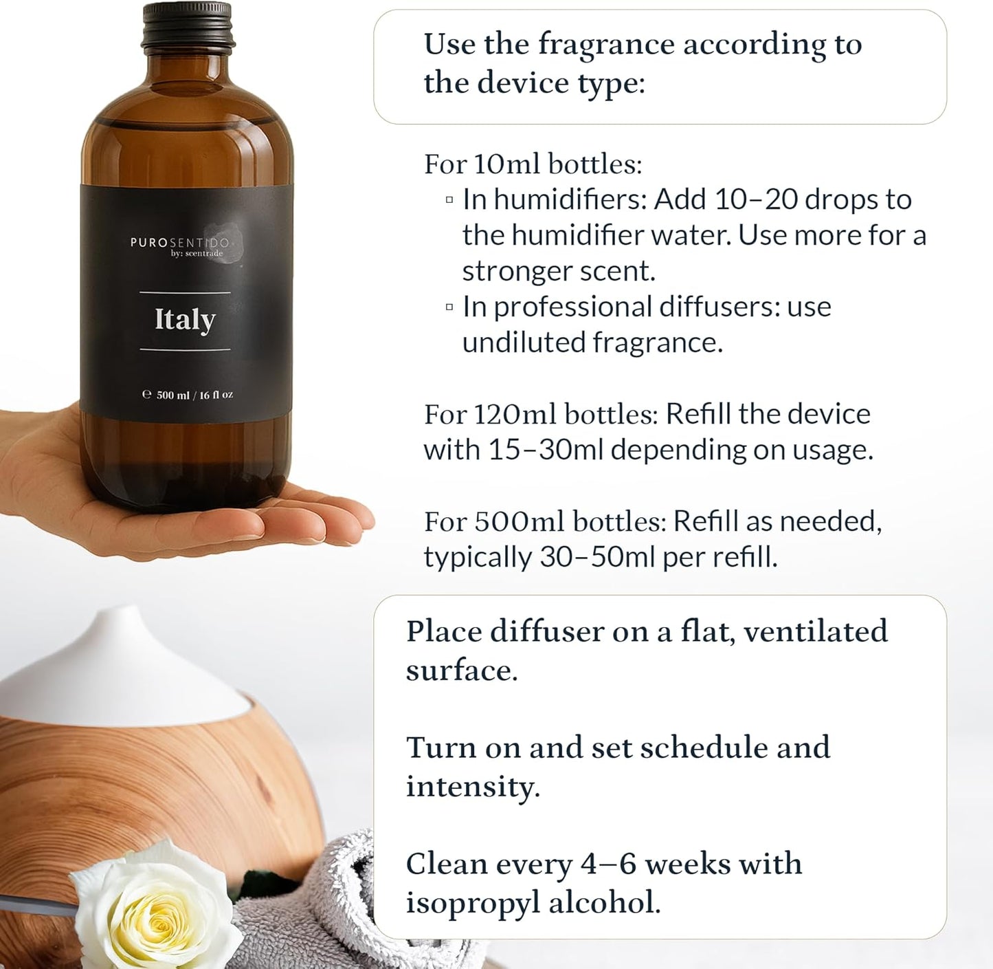 PuroSentido Italy Aroma Oil (500 ml) - Luxury Fragrance Oil for Diffusers and Humidifiers, Sicilian Lemon, White Rose & Musk Home, Hotel & Spa Scent