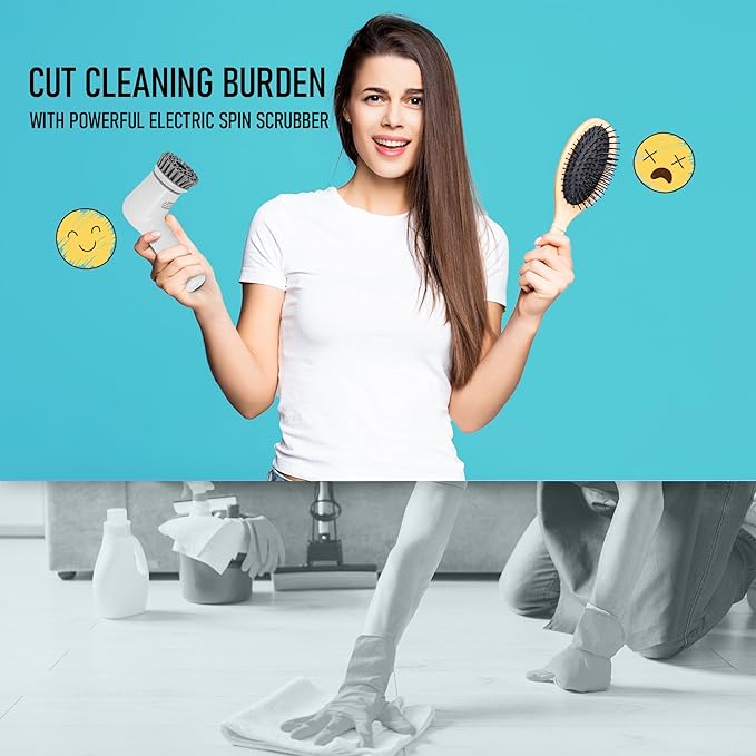 Electric Spin Scrubber,Cordless Cleaning Brush Scrubber for Home, IPX7 Waterproof with 5 Replaceable Brush Heads and Adjustable Removable Extension Handle