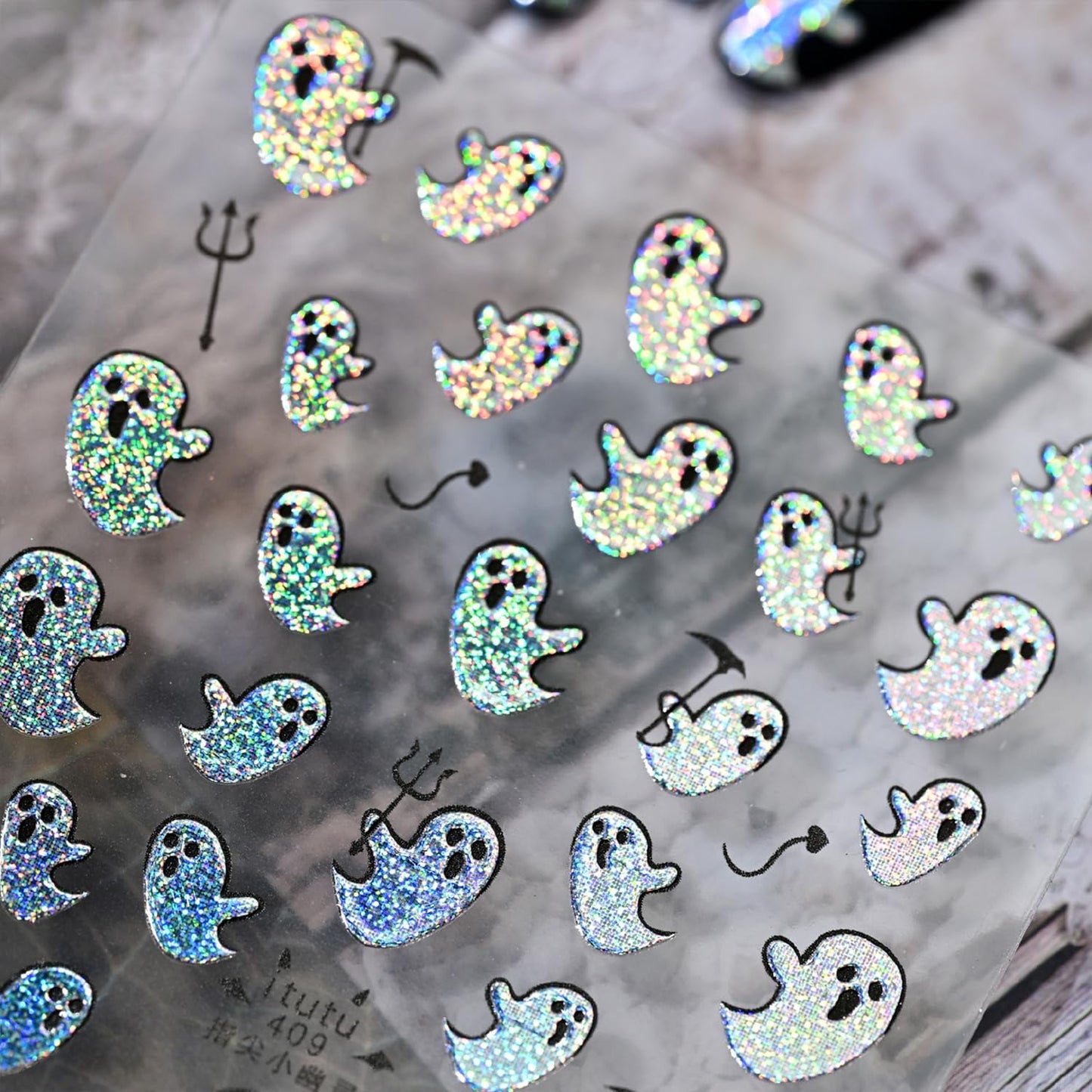 Halloween Nail Stickers for Nail Art Colorful Glitter Silver Cute Ghost Nail Art Stickers 5D Embossed Nail Decals 3D Self-Adhesive Nails Supply Manicure Sliders for Nails Decoration
