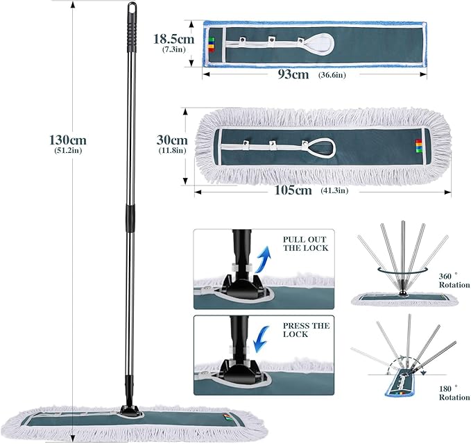 Commercial Mop,Masthome 42" Heavy Duty Dust Mop with Stainless Steel Handle,Large Industrial Mops for Floor Cleaning with 1 Cotton & 1 Microfiber Pad,Wet & Dry Large Mops for Home,Garage,School,Mall