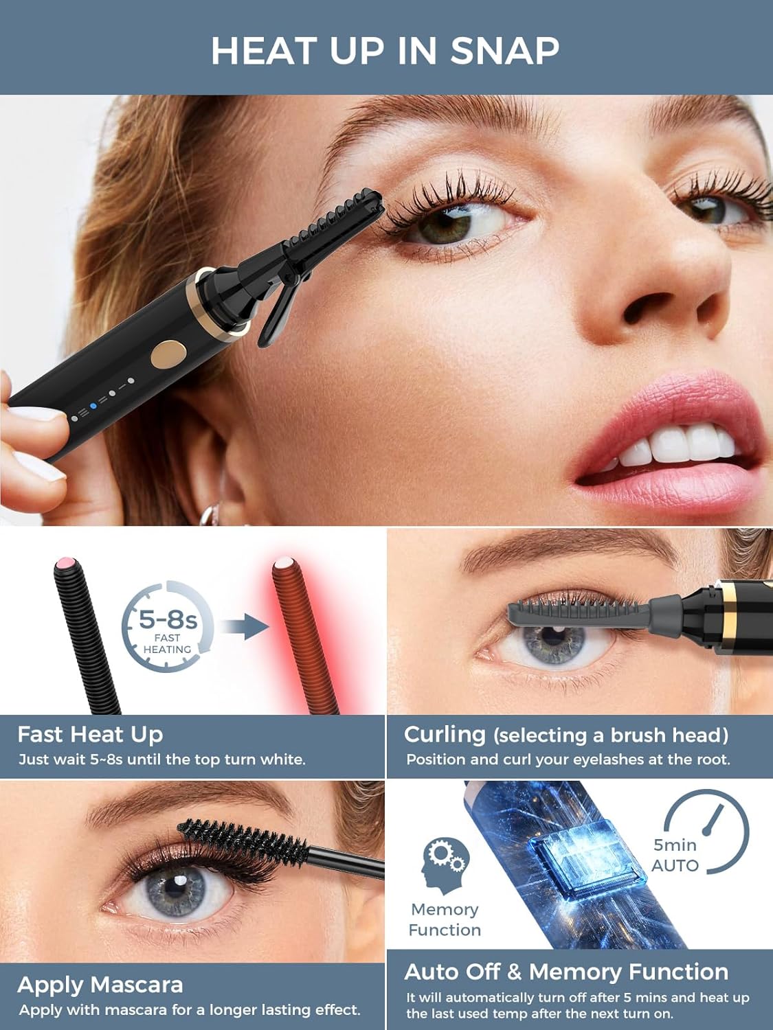 Smiling Shark Heated Eyelash Curler, 2025 New 360ยฐWand-Style Heated Lash Brush Rechargeable with 3 Brush Heads & 3 Temp ใLengthen/Define/Curlerใ 3-in-1 Lash Curler for All Types of Lashes, Black