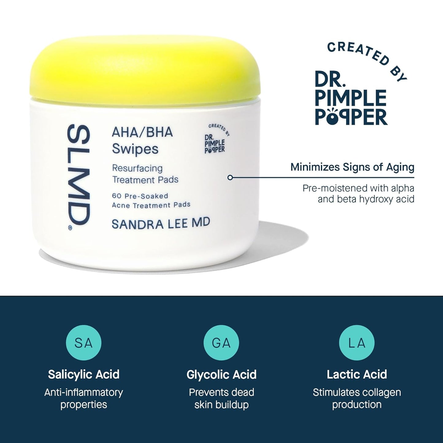 SLMD by Dr. Pimple Popper - AHA BHA Toner Pads Swipes, Salicylic Acid, Glycolic Acid & Lactic Acid - Daily Resurfacing Pads for Face & Body - Facial Exfoliating Pads Resurface, Treat, and Prevent Acne