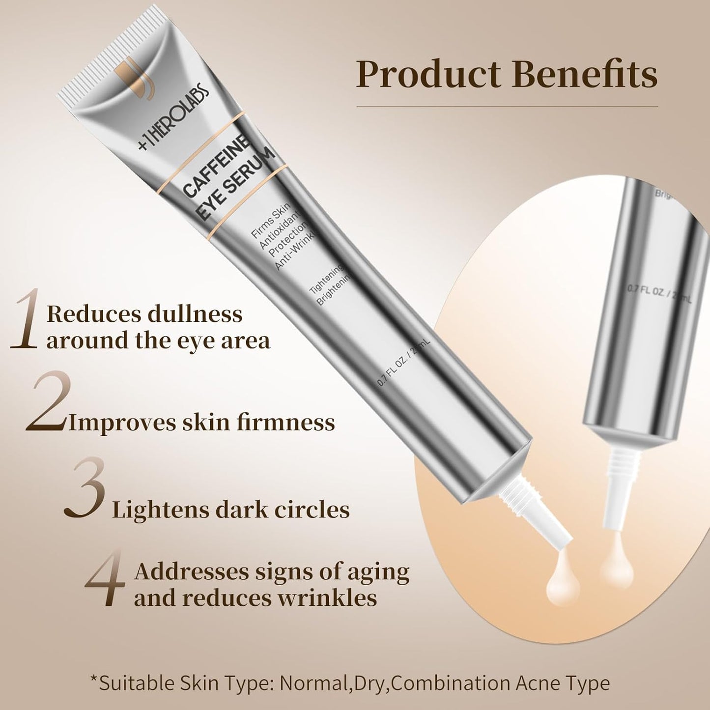 Caffeine Eye Cream with Niacinamide, Hyaluronic Acid, Vitamin E & Peptides - Under Eye Serum for Puffiness and Dark Circles, 0.7 Fl Oz (Pack of 2)