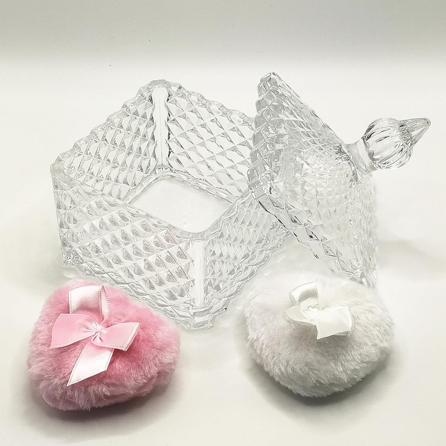 Body Powder Puff and Container - Glass Dusting Powder Container with 2 Soft Puffs Vintage Powder Puff Case for Women & Girls (3.93x3.93x5.9 H in)-GRB009-Transparent