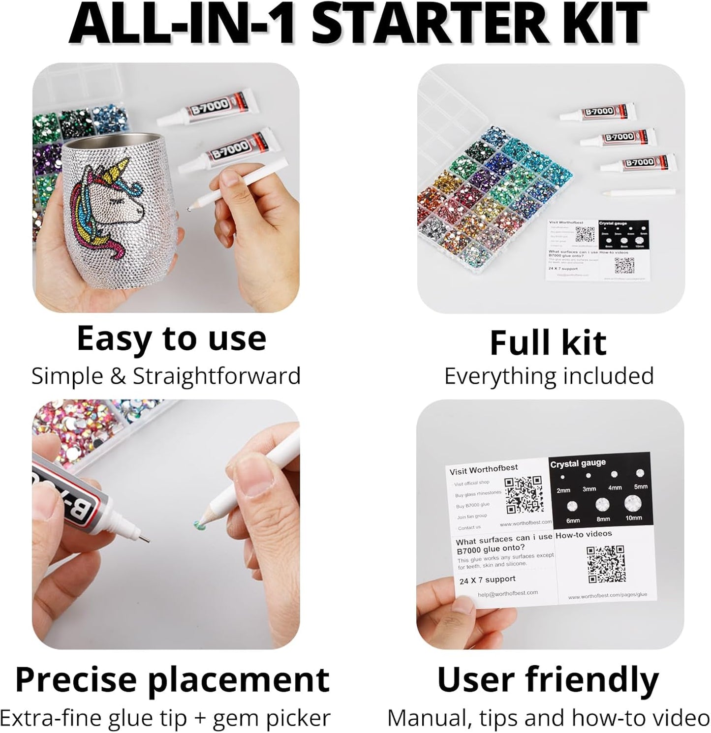 30000Pcs Resin Rhinestones Set for Crafting Bedazzling, Crystal ab Iridescent Flatback Gems Jewels for Crafts Clothes Shoes Fabric Outfit Nails Makeup, Flat Back Crystal 2-6mm with b 7000 Glue