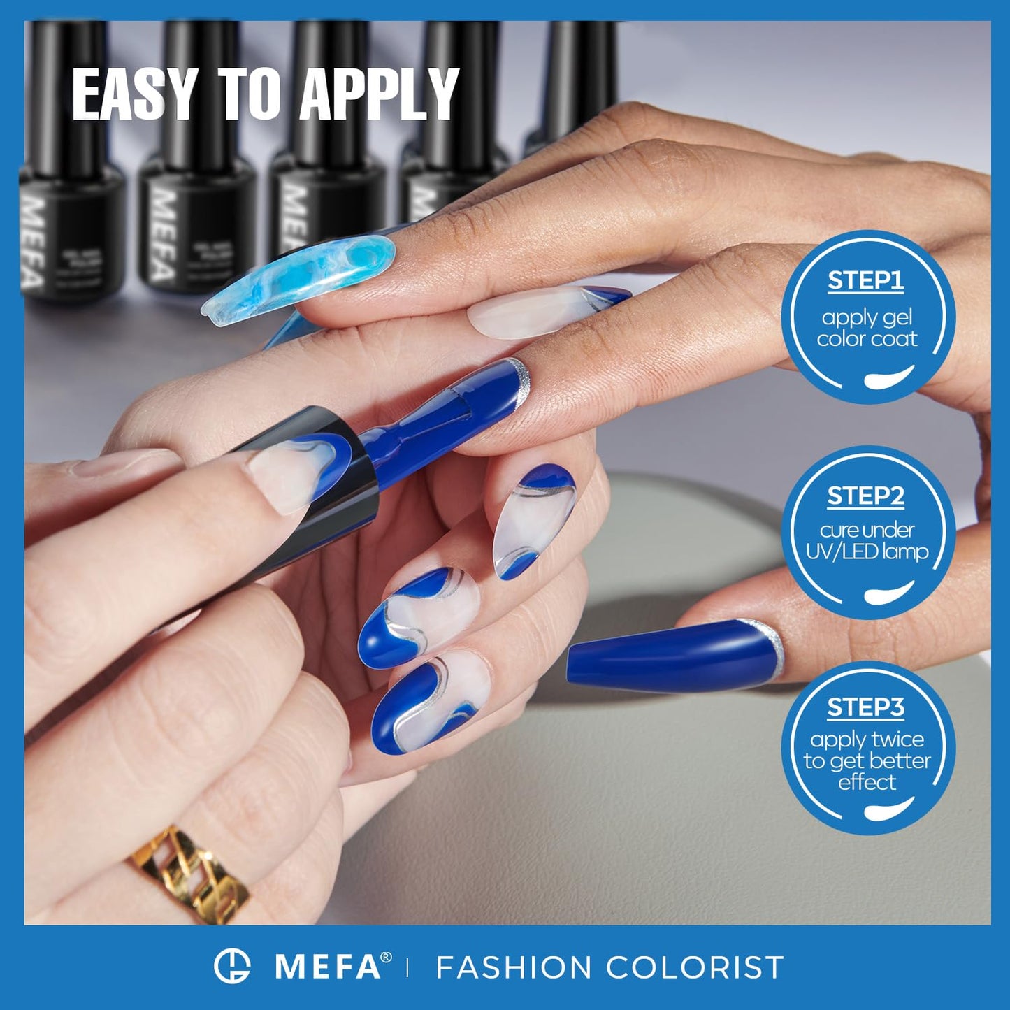 MEFA Blue Gel Nail Polish Set,6 Colors Midnight Navy Sapphire Blue Nail Polish Azure Glitter Dark Shades Starter Kit Soak Off Shimmer Gel Nail Art Design DIY Salon Manicure Holiday Gift for Women
