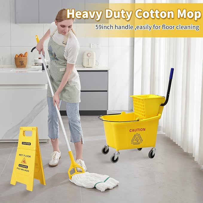Side Press Wringer Combo Commercial Mop Bucket on Wheels, 35 Quart,Yellow, Including Wet Floor Caution Sign(24Inch) and One Industrail Mop