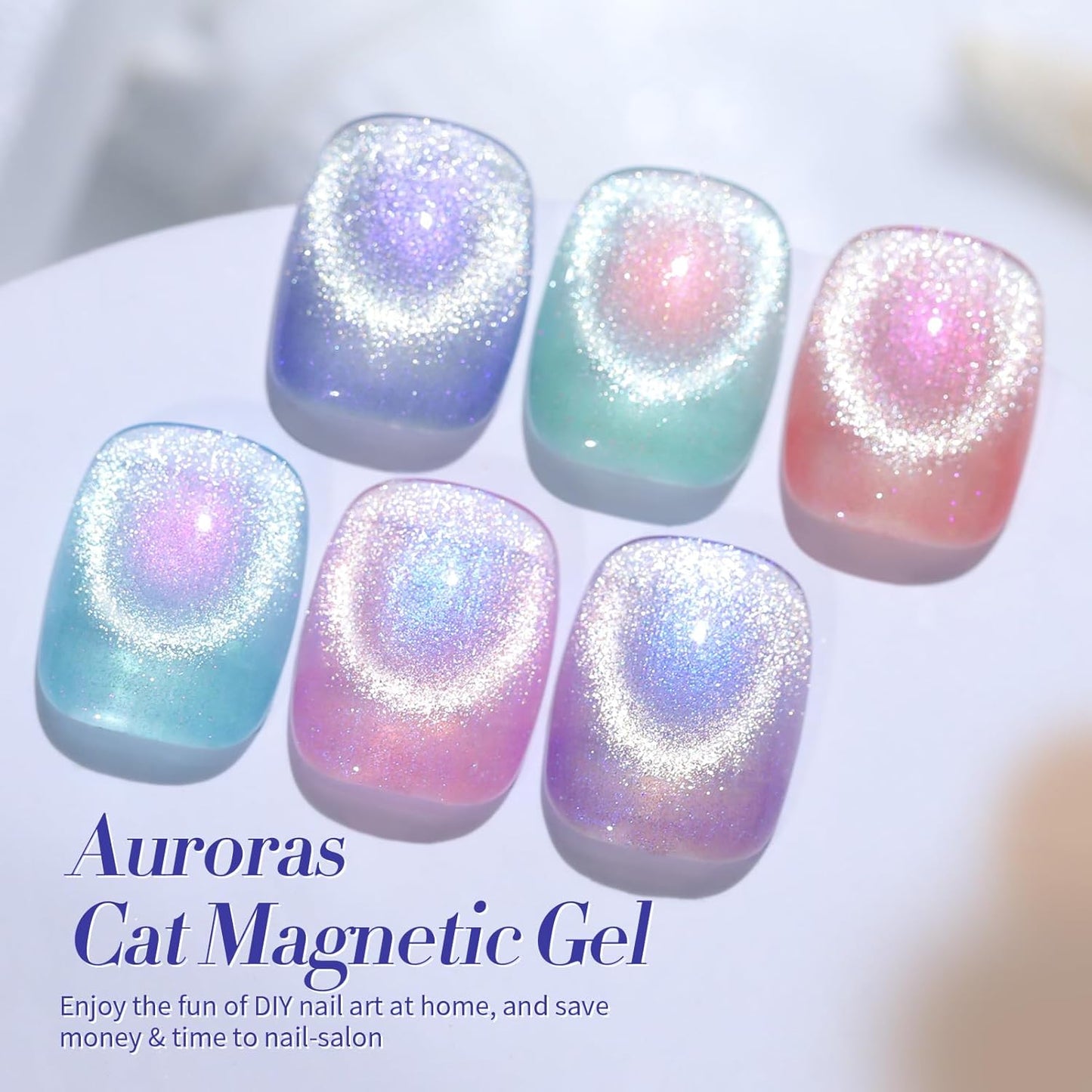 Born Pretty Auroras Cat Magnetic Eye Gel Nail Polish Set Shimmer Glitter with Magnet 9D Holographic Reflective Magnetic Nail Polish Kit Auroras Mermaid Green Blue Purple Pink Purple 6 Colors