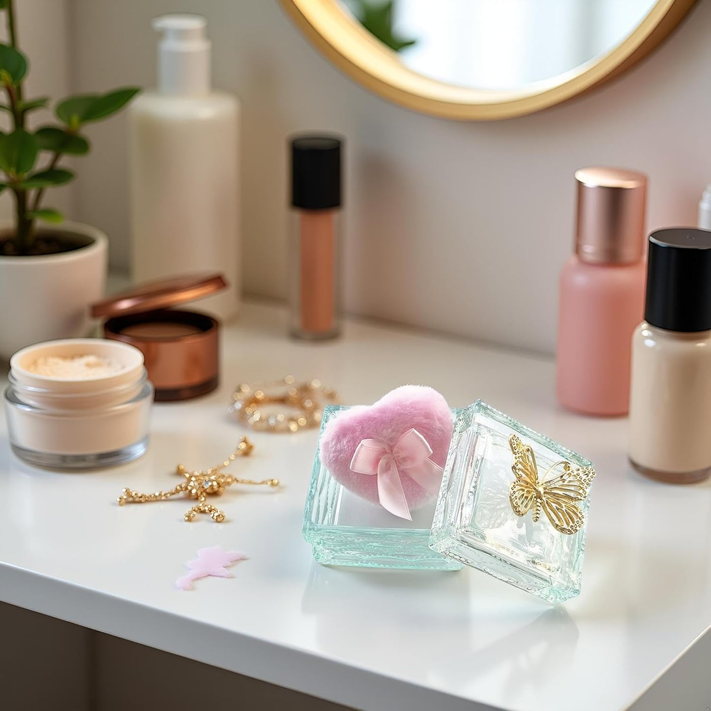 Body Powder Puff and Container - Glass Dusting Powder Container with Soft Puffs Vintage Powder Puff Case for Women & Girls (3.23x3.23x2.95 H IN) - GRB016-Light Green