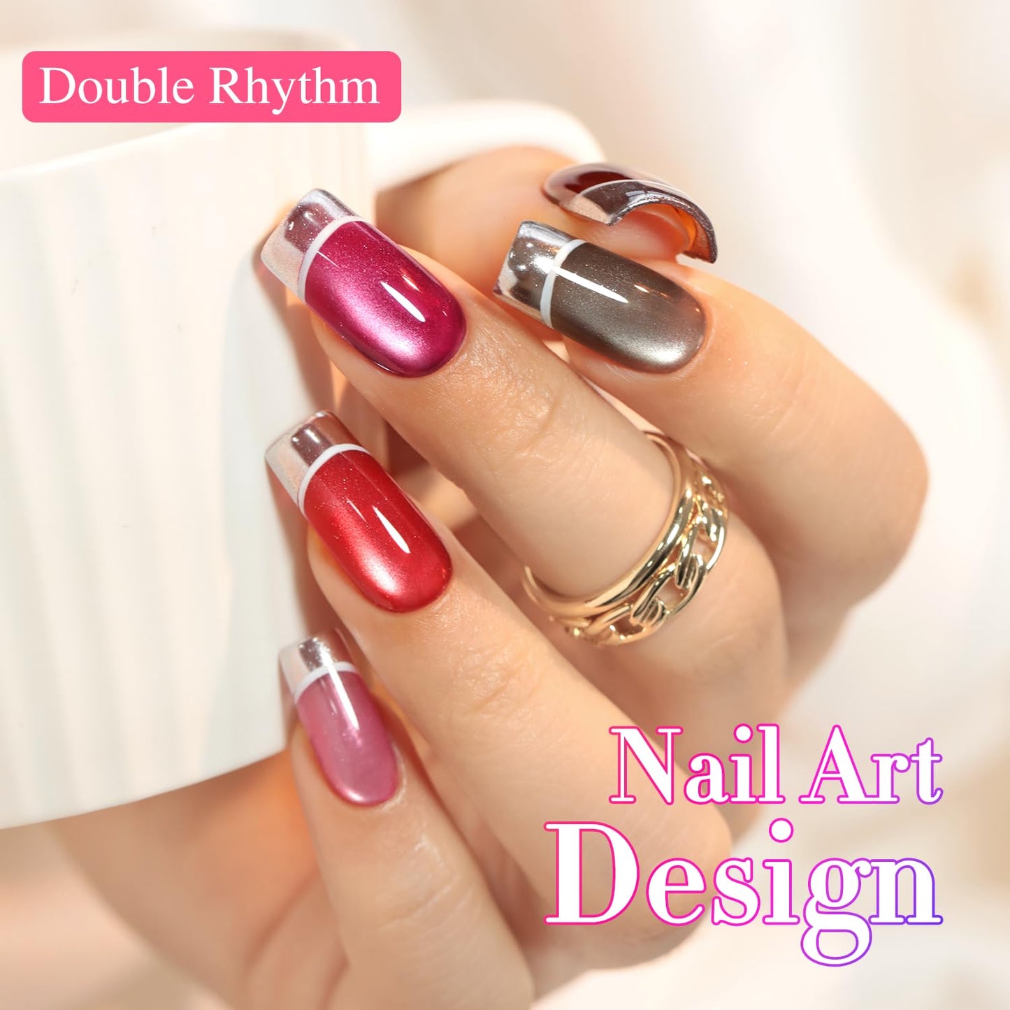 Double Rhythm Cat Eye Gel Nail Polish Set of 6 Same Color Same Bottle 0.5 Oz Shimmer Glitter with Magnet Holographic Reflective Magnetic UV Nail Polish Kit at Home (Glass Brown Red Nude-T6-43)