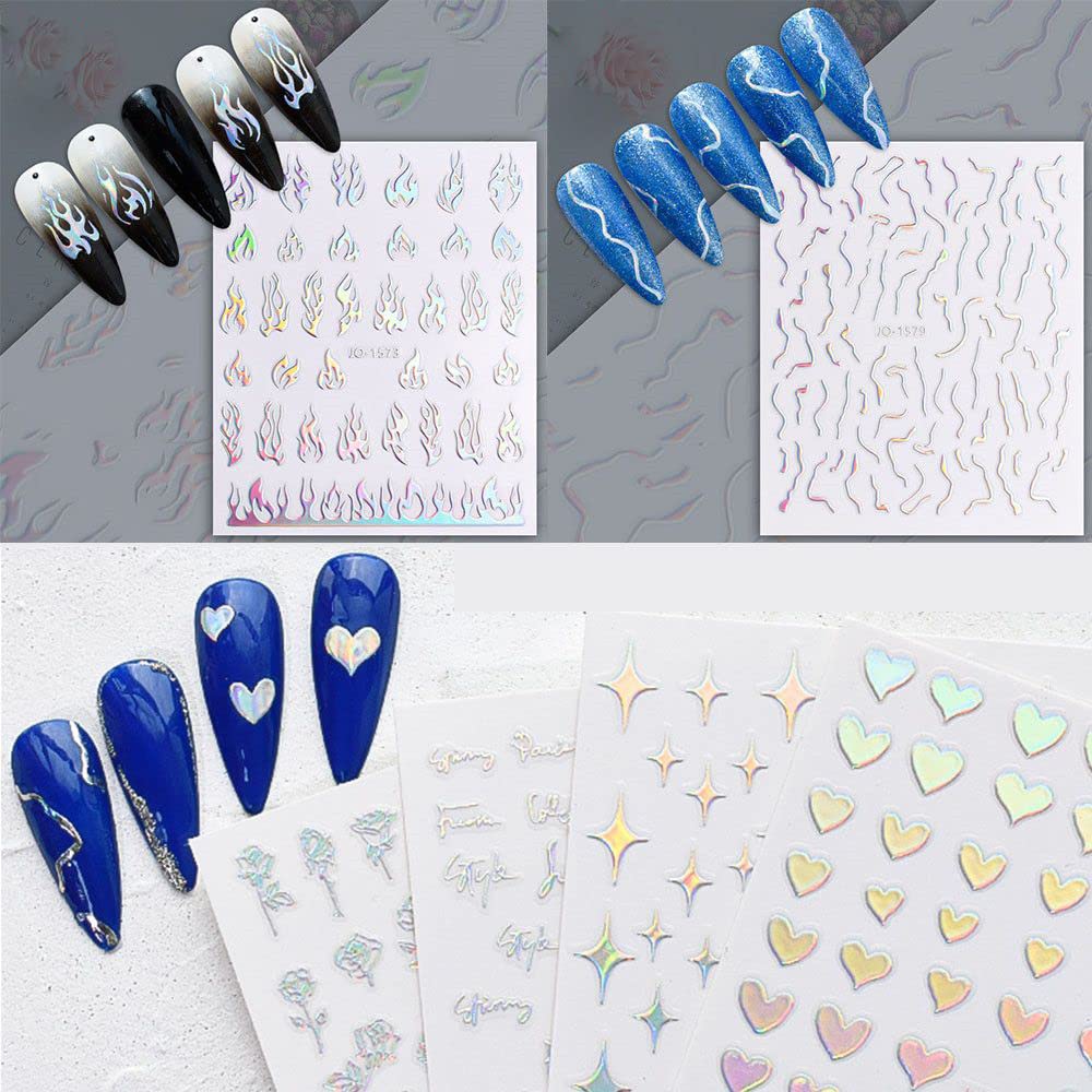 8 Sheets Aurora Silver Heart Nail Decals 3D Self Adhesive Design Star Stickers Holographic Butterfly Flame Nail Stickers for Women Girls DIY Manicure Tips Decoration