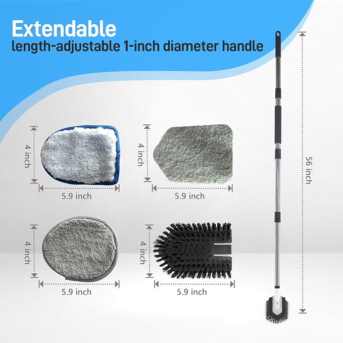 Floor Scrub Brush, 5 in 1 Tile Tub Scrubber with 56" Adjustable Long Handle and 5 No Scratch Scrubber Heads for Bathroom, Kitchen, Toilet, Bathtub