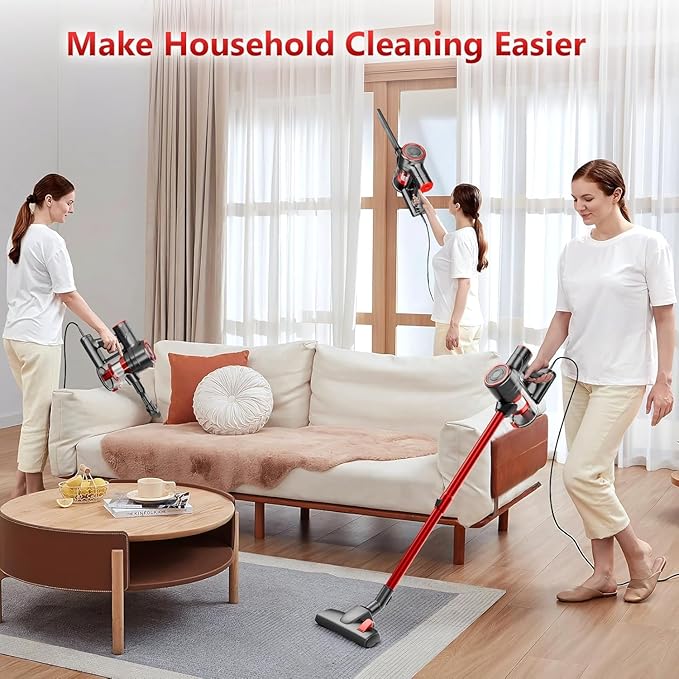 Corded Vacuum Cleaner for Home, 600W Powerful Stick Vacuum, 2 in 1 Vacuum Cleaners,1.2 L Dust Cup, Corded Handheld Vacuum Pet for Hair, Short-Pile Carpet, Hardfloor (Red)