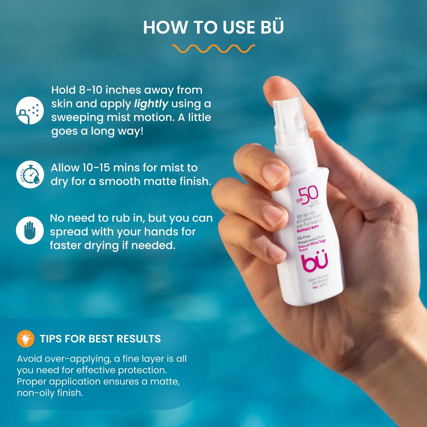 BU SPF 50 Sunscreen Spray for Face and Body, Non Aerosol Spray, TSA Travel Size Sunscreen, Clear, Non Greasy, Water Resistant, White Sage 1 oz (3 Pack)