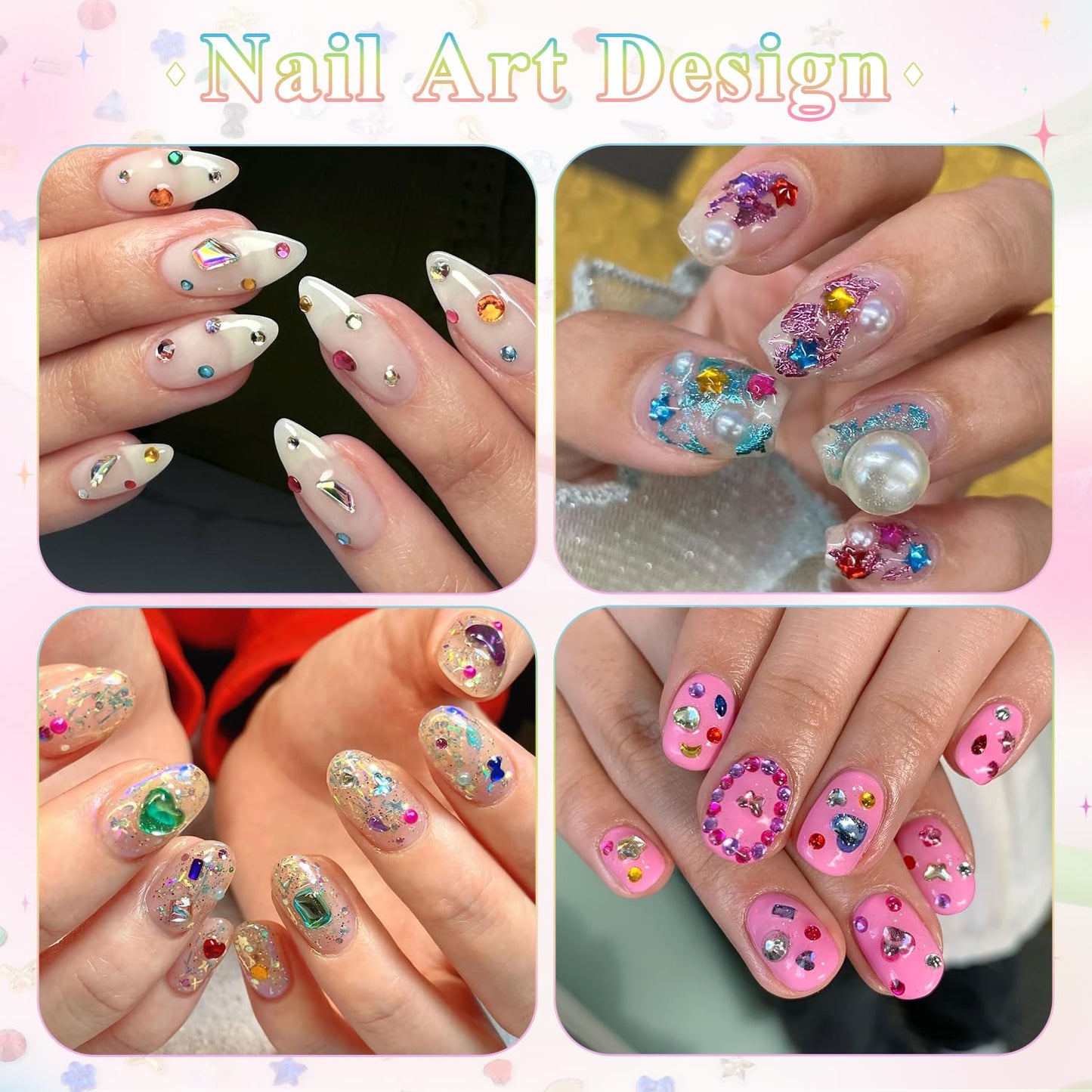 6360 PCS 2-3 MM Muliti Shape Colorful Rhinestones for Nail Art, 3D Resin Flatback Bedazzling Gems Mini Flower Bow Heart Star Butterfly, Kawaii Women Rhinestone Kit with Tweezers and Pickup Pencil