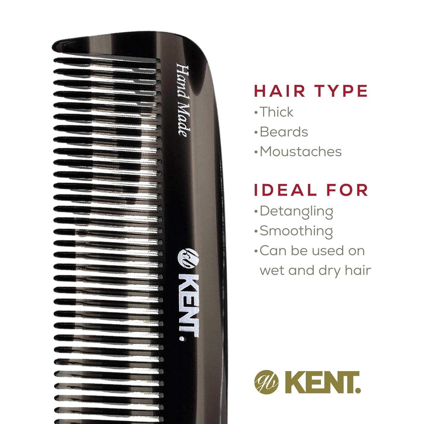 Kent 12T Black Graphite Pocket Comb - Handmade Wide Tooth Hair Comb for Men, Women, and Kids - Travel, Beard, and Mustache Comb - Saw Cut and Hand Polished Made in England