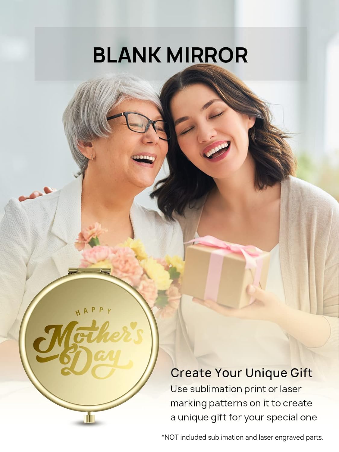 Compact Mirror for Purse, Double-Sided 1X/2X Magnifying Metal Pocket Makeup Mirrors(Round,Gold)