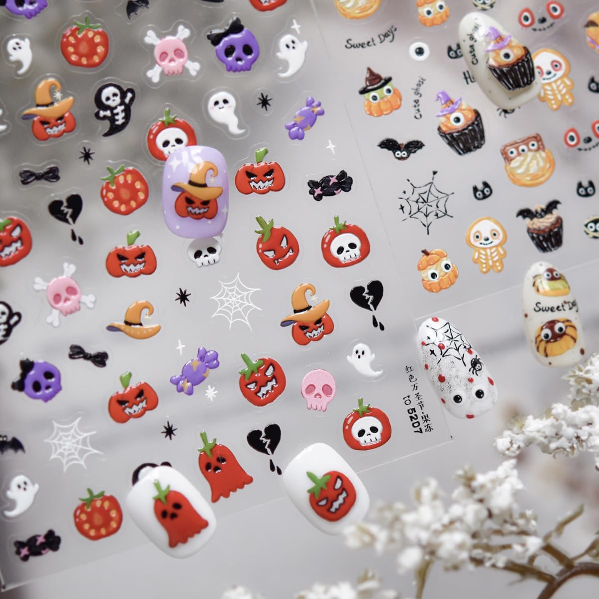 5D Halloween Nail Stickers Red Apple Theme Nail Decals Self-Adhesive Spider Web Gift Candy Browknot Design Thanksgiving Nail for Acrylic Nails DIY Holiday Decoration for Women Kids Party 1 Sheet