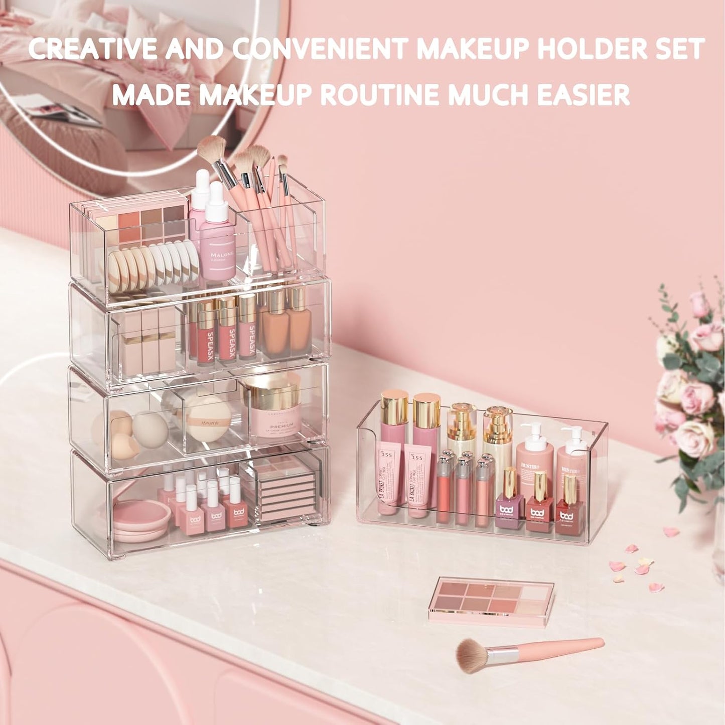 Stackable Storage Drawers Bathroom Drawer Organizer Clear Plastic Storage Bins Medicine Cabinet Organizer Makeup Organizers w Removable Divider Home Workspace Office Desktop Vanity Gift Idea 1Pack