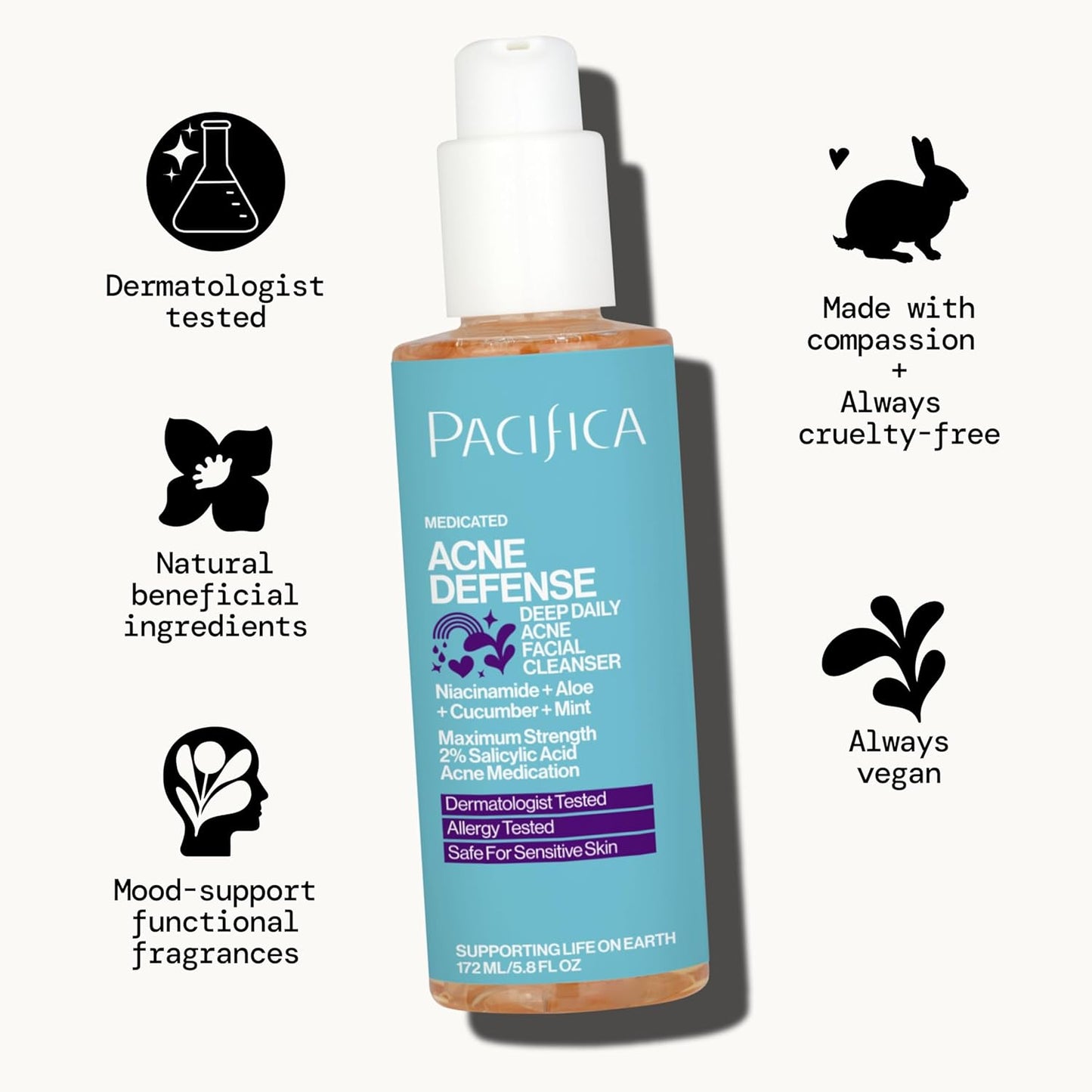 Pacifica Acne Defense Face Wash - Deep Pore Purifying Face Cleanser - w/ 2% Salicylic Acid, Pore Reducing Niacinamide & Inflammation Reducing Cucumber - for Sensitive Skin Vegan Dermatologist Tested