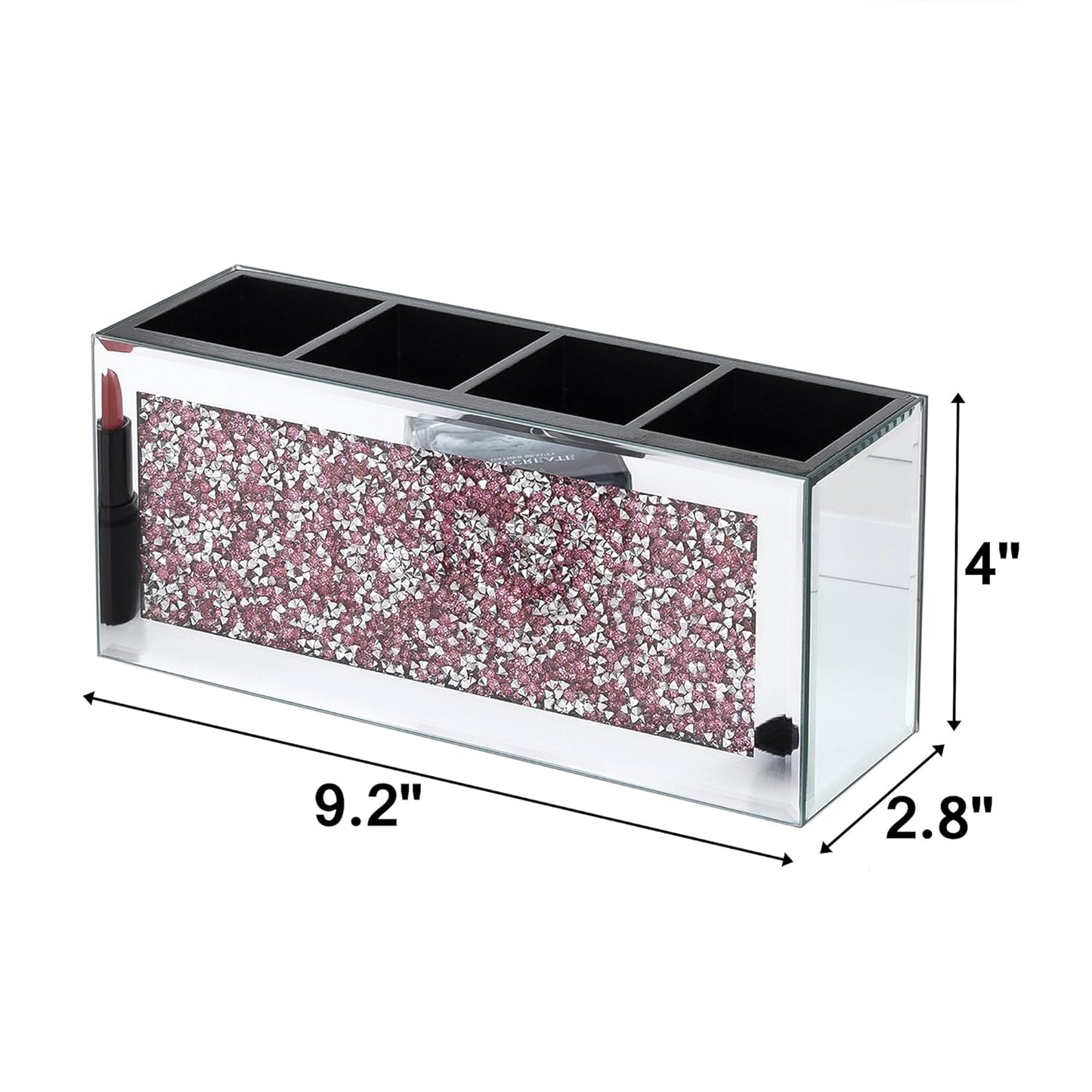 SHYFOY Mirrored Makeup Brush Holder, 4-Compartment Makeup Organizer with Pink Crushed Diamond, Vanity Cosmetics Organizer Solution, Pencil Holder Organizer for Desk