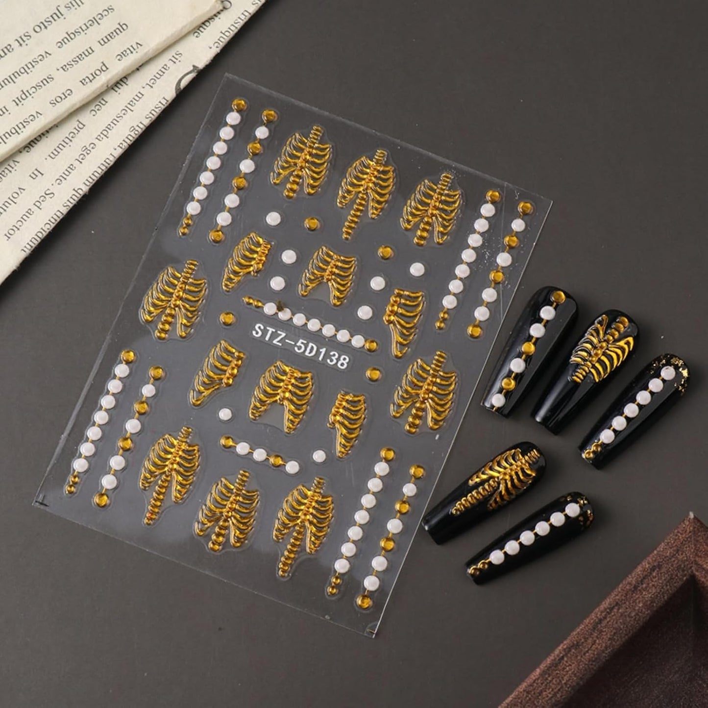 2Pcs Halloween Nail Art Stickers 5D Embossed Halloween Nail Decals Gold Pink Skeleton Bone Rose Blossom Pattern Nail Designs Stickers Skull Nail Supplies for Women Manicure Tip Decorations Accessories