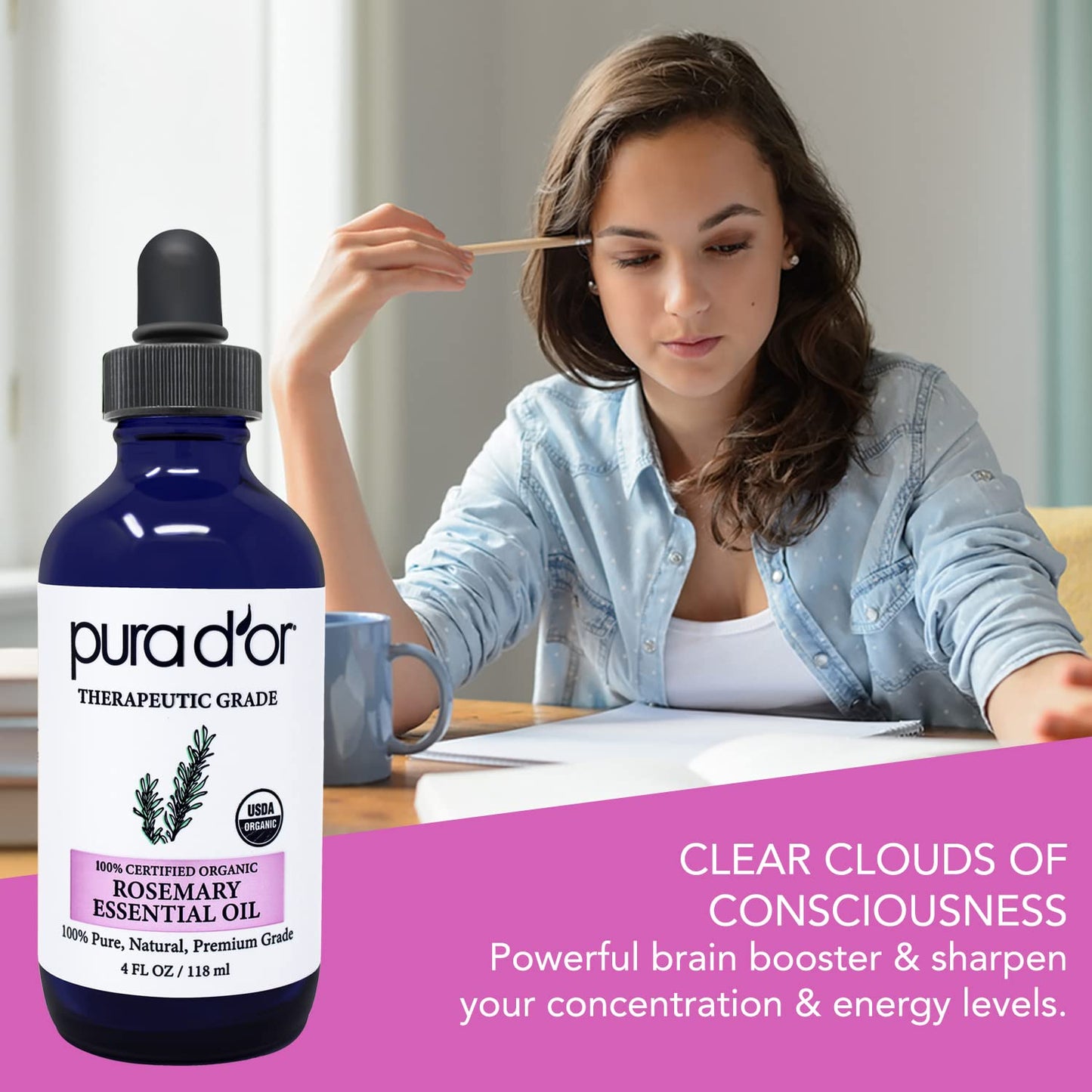 PURA D'OR Organic Rosemary Essential Oil, 4oz, Therapeutic Grade, for Hair, Body, Skin, Aromatherapy, Relaxation, Massage, Mood, Relief, Home, DIY Soap