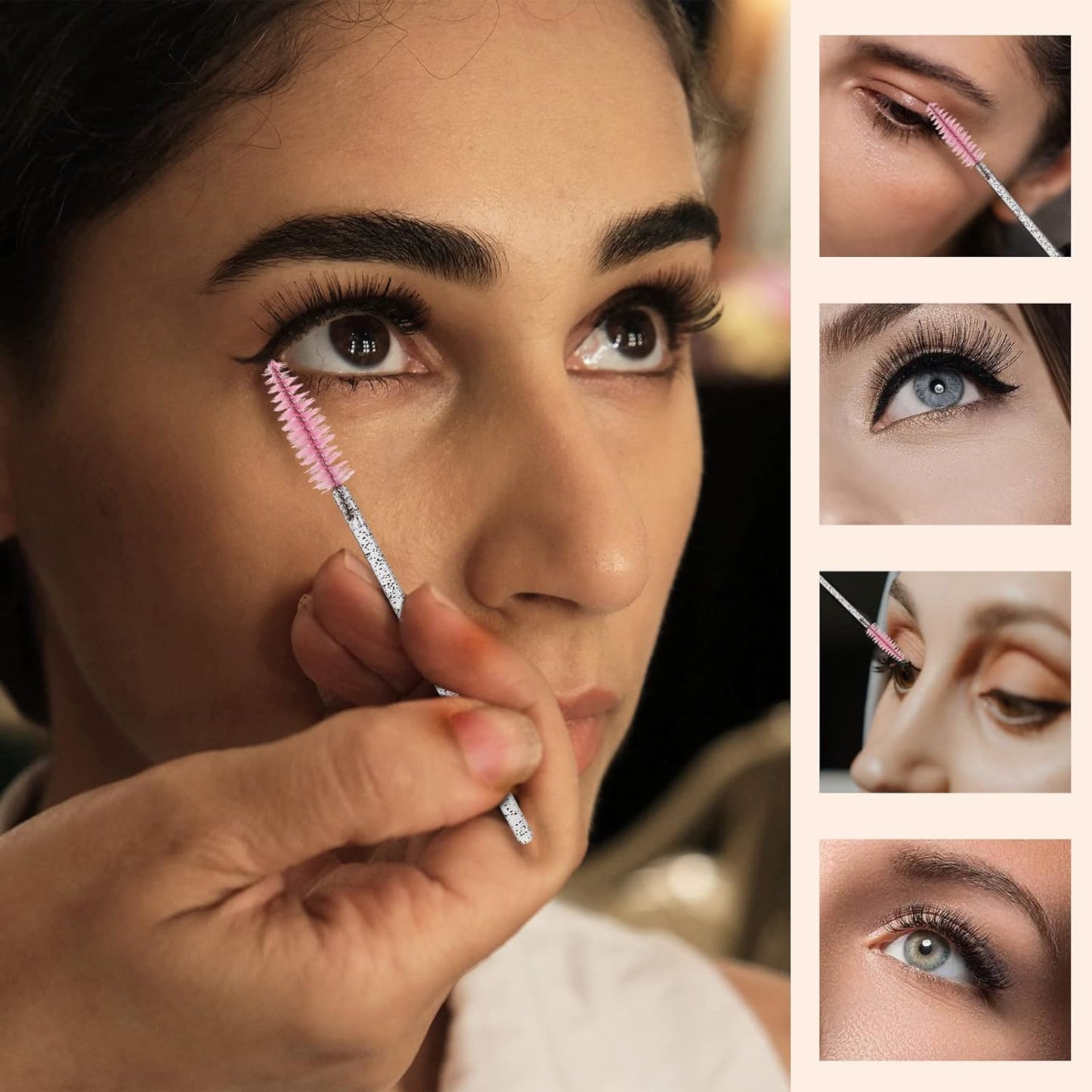 100 Pcs Disposable Eyelash Brush, Mascara Wands Makeup Brushes Applicators Kits for Eyelash Extensions, Eyebrow Brush with Container (Pink, Black)