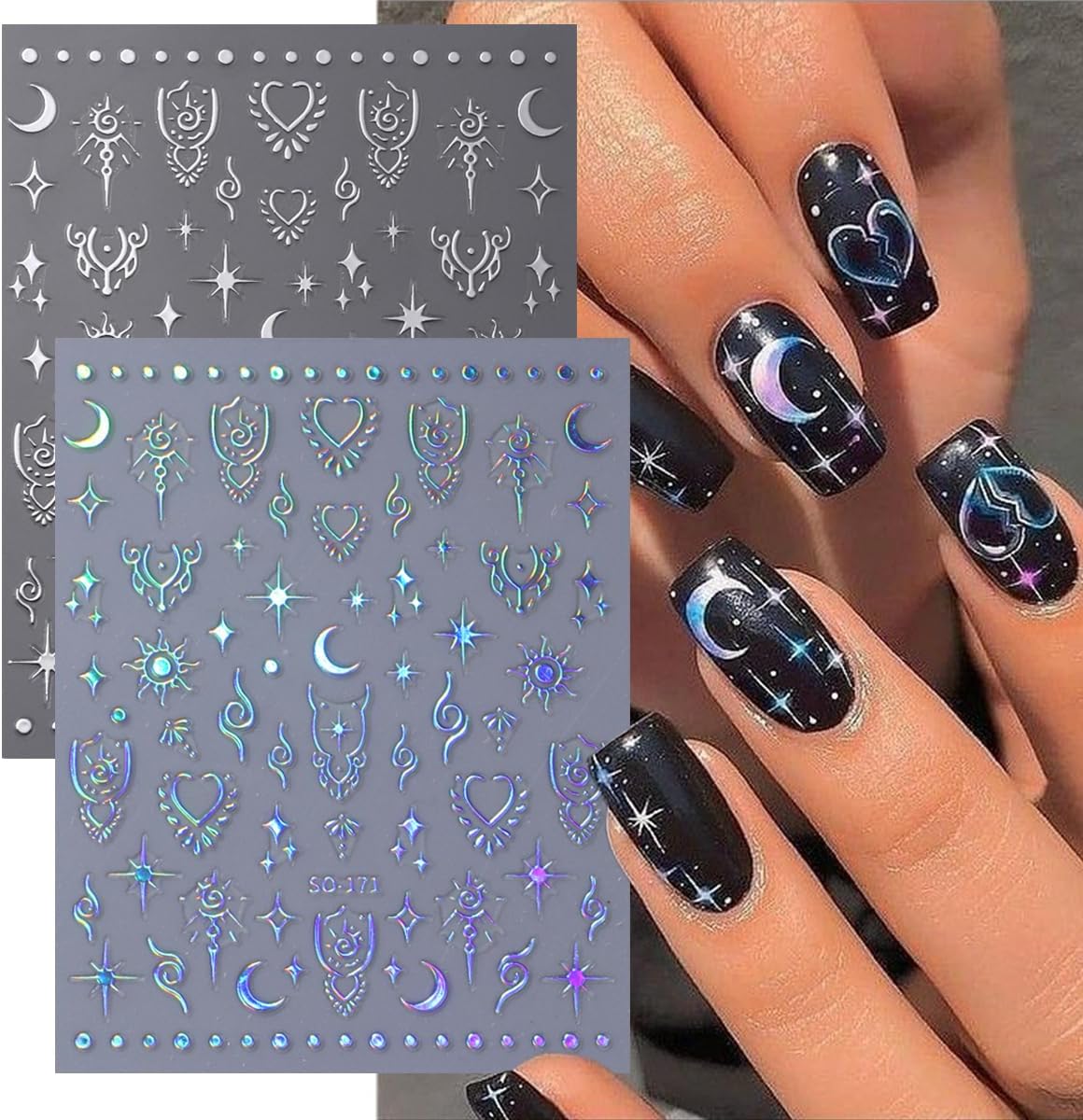 8Sheets Moon Star Nail Art Stickers 3D Self-Adhesive Metallic Sun Nail Decals Holographic Laser Glitter Nail Art Design Stickers Stars Sun Silver Nail Stickers for Women Acrylic Nail Decor Charms DIY