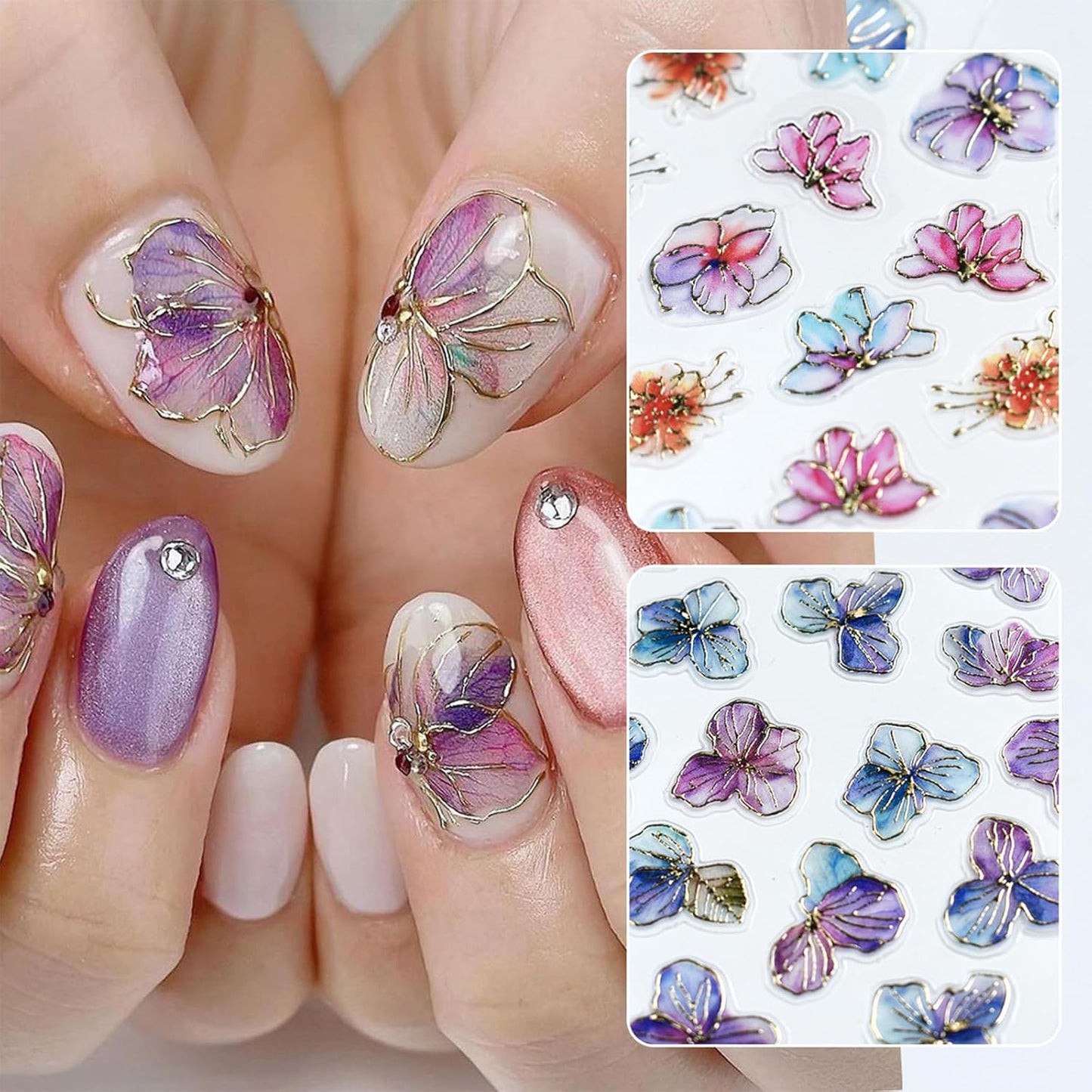 4 Sheets Purple Gold Flower Nail Art Stickers 5D Embossed Flowers Self-Adhesive Pegatinas Uñas Colorful Petals Nail Decals Purple Flower Nail Stickers for Women Nail Art Decoration