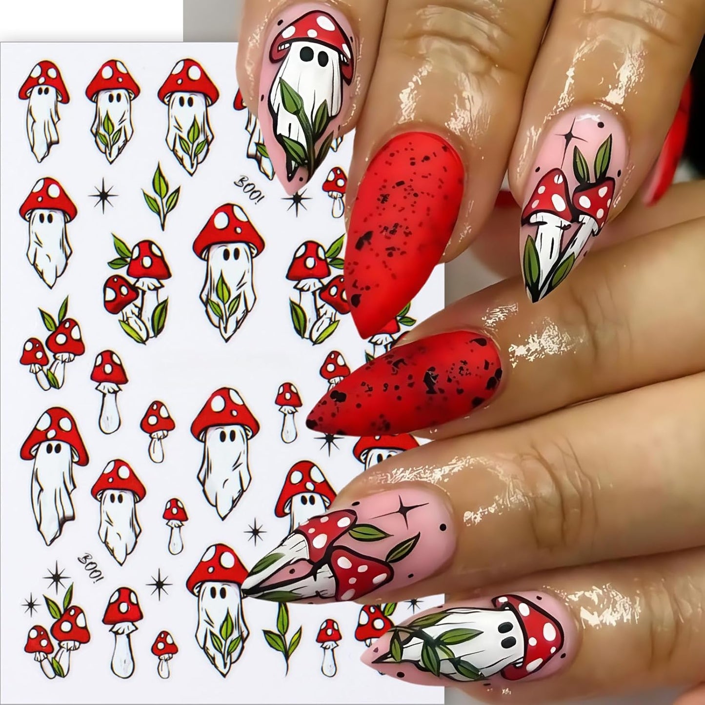 8Pcs Halloween Nail Art Stickers Decals Cute Ghost Pumpkin 3D Self Adhesive Nail Decals Flower Spooky Mushroom Ghost Nail Design Pumpkin Cats Spider Bats French Manicure Supplies for Women Nail Decor