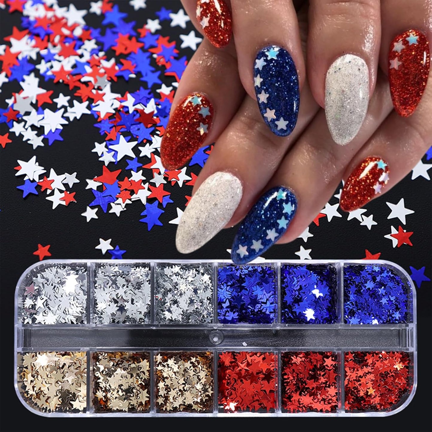12 Grids Independence Day Nail Sequins,3D Holographic Nails Glitter Laser Star Nail Shining Flakes for Fourth of July Five-Pointed Star Mixed Sequins for America Patriotic Face Makeup Nail Decoration