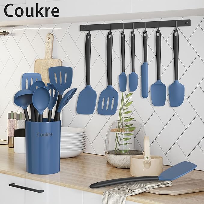 Coukre Silicone Kitchen Cooking Utensils Set with Holder – Heat-Resistant, Food-Grade Kitchen Tools, Spatula, Spoon & Gadgets for Non-Stick Pans, Dishwasher Safe (14, DarkBlue)