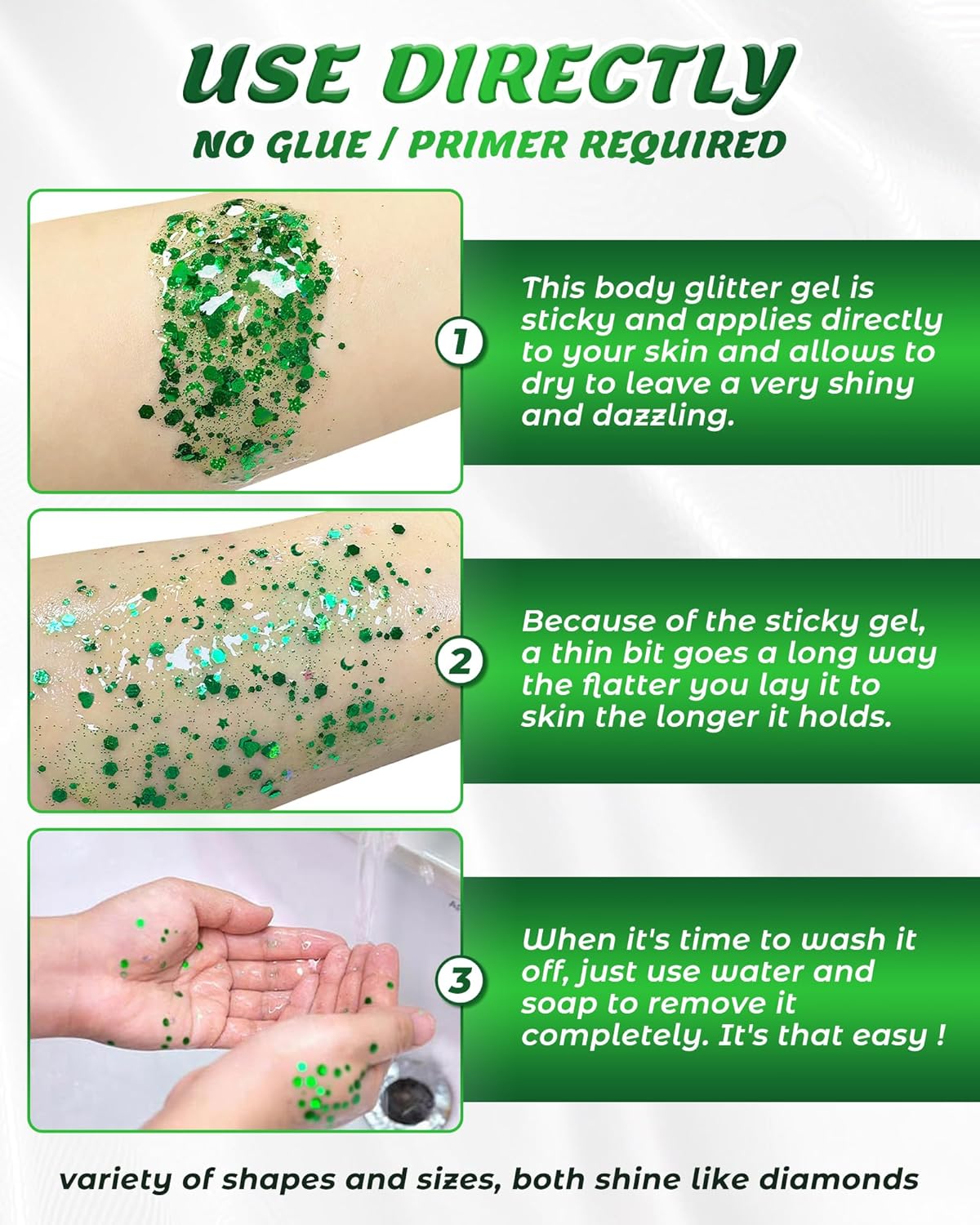 6PCS Green Face & Body Glitter Gel Kit - Holographic Chunky Sequins for Festival, Rave Accessories | Green Face Paint for Women, Kids Sparkling Makeup | Easy to Apply & Wash Off