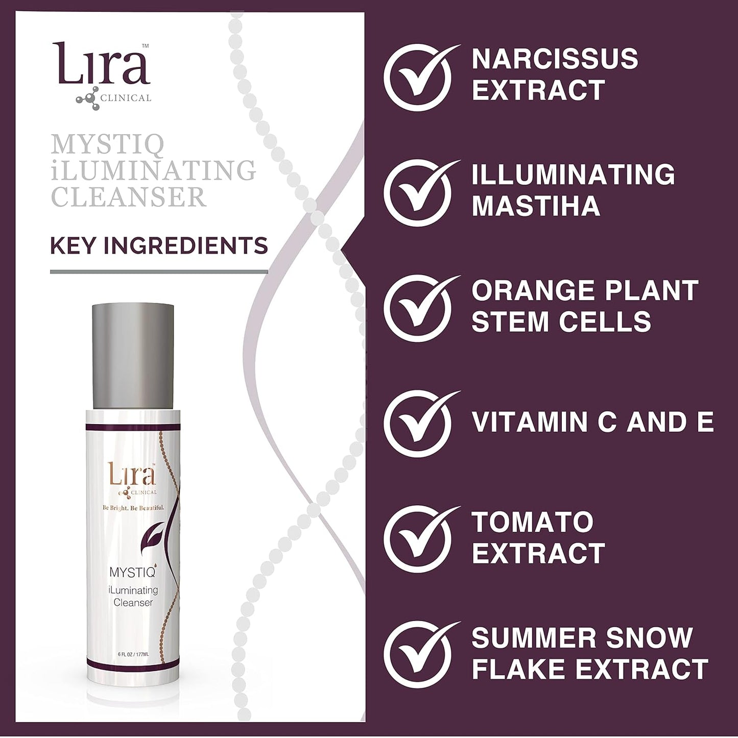 Lira Clinical MYSTIQ iLuminating Cleanser - Moisturizing Face Wash with Vitamin C, Orange Plant Stem Cells, and Plant Extracts - Gentle Facial Cleanser Supports Skin Barrier and Hydration - 6 Oz