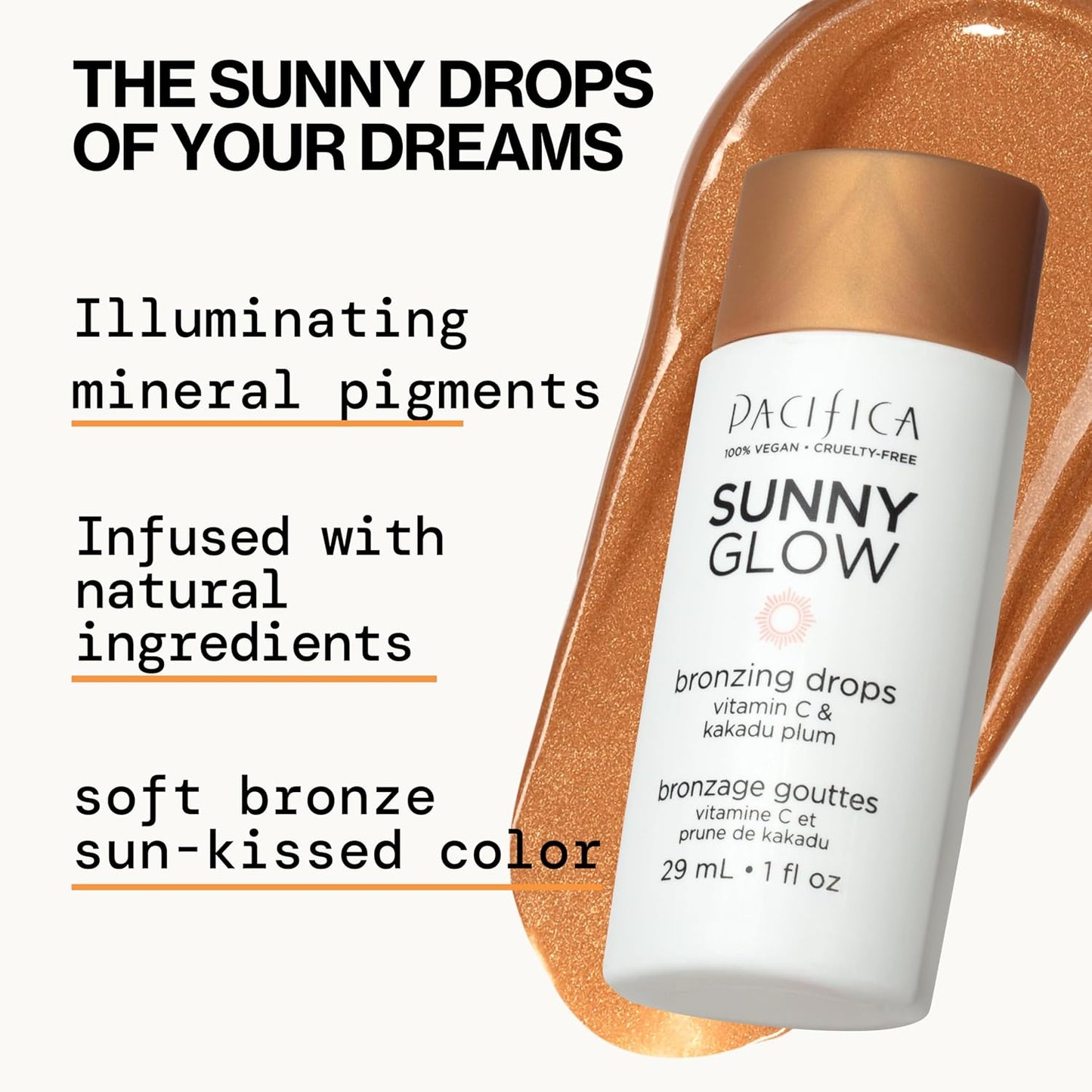 Pacifica Sunny Glow Liquid Face Bronzer Drops - Face Makeup Bronzing For Face & Cheeks for Instant Sun-Kissed Glow - Vitamin C & Glycolic Acid Infused Liquid Bronzer Illuminating Highlighting Clean
